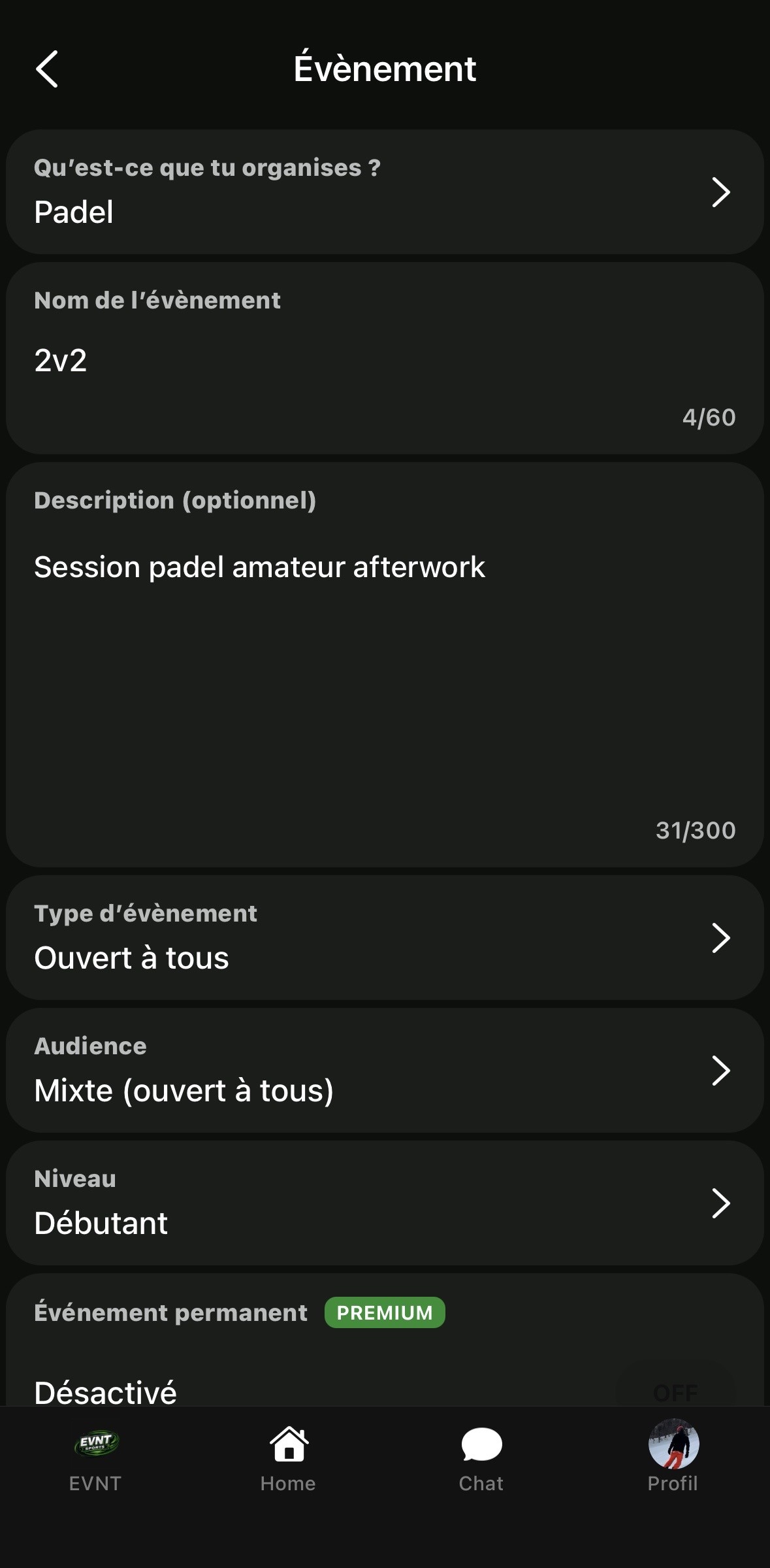 Création d'un événement